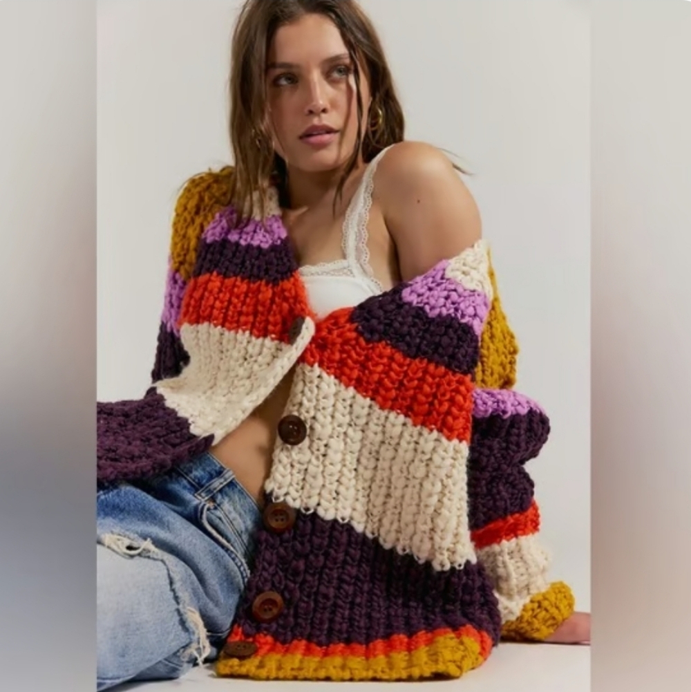 FREE PEOPLE Myles Chunky Striped Cardi Cardigan Red Blue XS NWT
